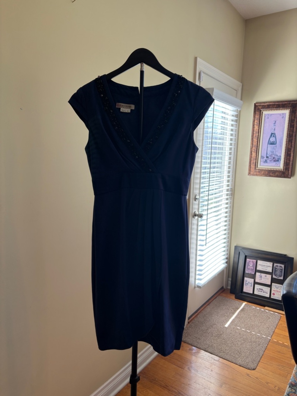 Kay Unger Navy Beaded V-Neck Midi Dress